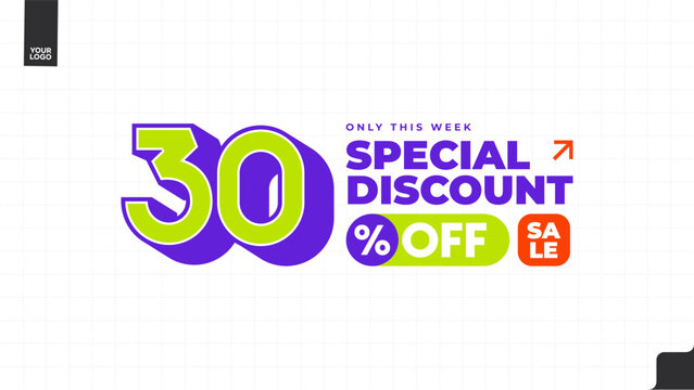 30% Off Special Discount Sale Banner with Bold Typography, Purple and Lime Green Promotional Template, Weekly Deal Limited Time Offer Vector