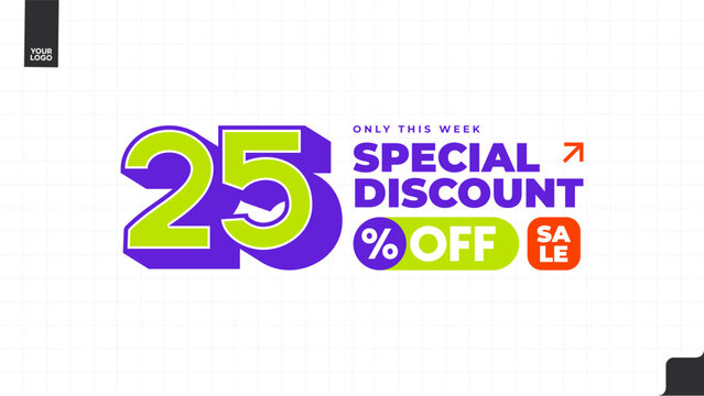 25% Off Special Discount Sale Banner with Bold Typography, Purple and Lime Green Promotional Template, Weekly Deal Limited Time Offer Vector