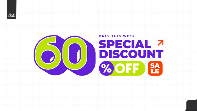 60% Off Special Discount Sale Banner with Bold Typography, Purple and Lime Green Promotional Template, Weekly Deal Limited Time Offer Vector