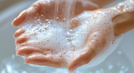 Fototapeta premium Cupped hands filled with soapy foam and running water, soft bubbles and lather conveying freshness and gentle cleansing