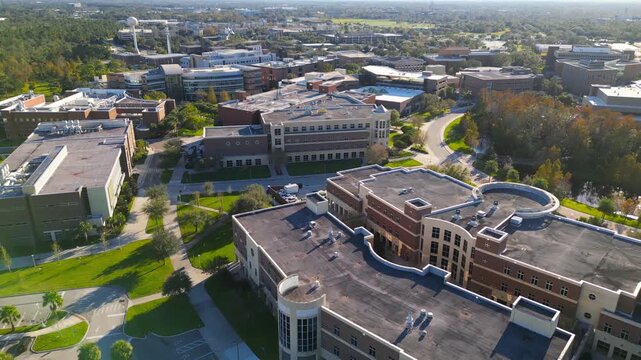 University of Central Florida campus in Orlando, aerial drone flight.