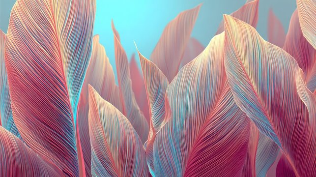 Abstract botanical forms display intricate linear details against a soft blue background