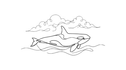 Obraz premium Continuous Line Drawing of an Orca Whale Breaching in the Ocean Under Clouds