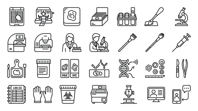 Histology and pathology laboratory icons for medical research and biopsy.