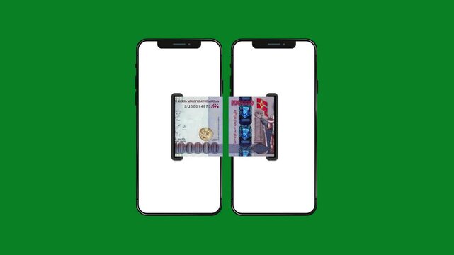 An Armenian 100,000 dram banknote features King Abgar V, scrolling horizontally across the screens of two smartphones positioned side-by-side against a solid green screen key background.