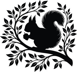 Forest squirrel silhouette holding acorn on branch with leaves vector art © SEMA