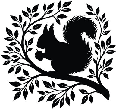 Forest squirrel silhouette holding acorn on branch with leaves vector art