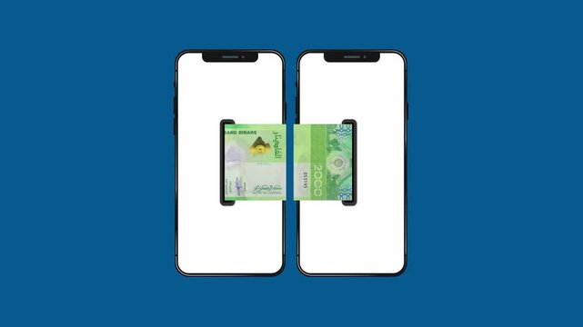 Flat vector animation showcasing a green Algerian 2000 dinar banknote endlessly sliding through the screens of two parallel iPhones against a solid blue background, representing digital finance