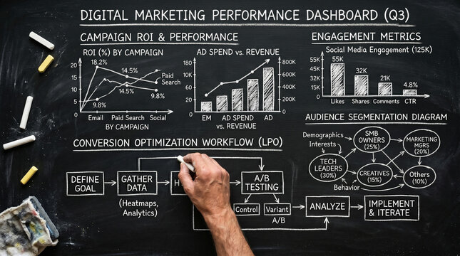 Digital marketing performance dashboard with charts and diagrams, a hand writing on a chalkboard