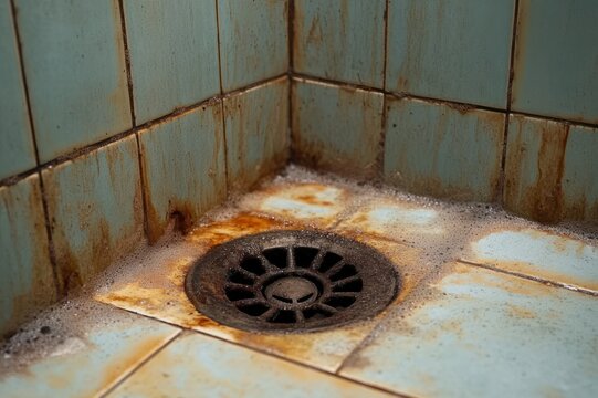 Rusty floor drain in a grimy tiled corner with stained pale blue tiles, soap suds and deteriorating grout, evoking neglect and decay