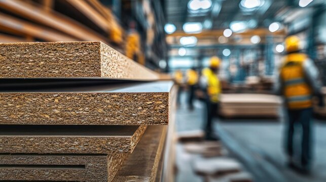 Close-up of stacked particleboard panels in a busy factory with blurred workers in yellow hard hats and high visibility vests conveying industrious energy