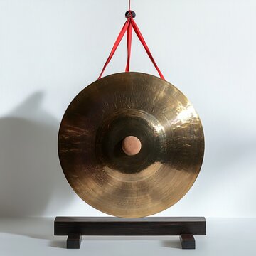 large brass hanging gong with central boss suspended by red ribbon above a dark wooden stand on a clean white background, serene meditative mood