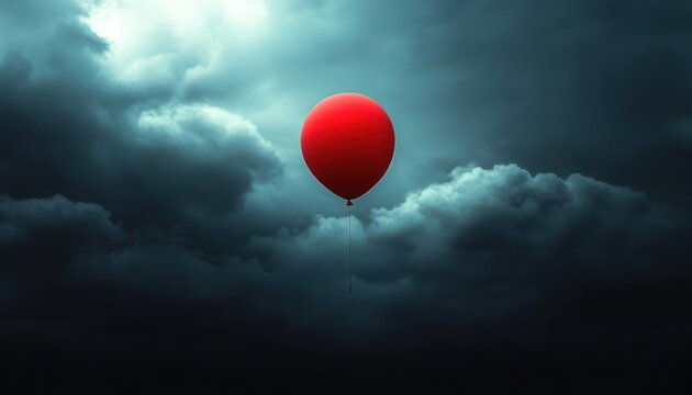 single red balloon floating against dark storm clouds with a thin string, dramatic light and a lonely yet hopeful mood