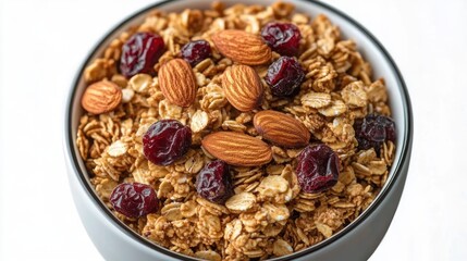 Fototapeta premium Inviting bowl of crunchy granola with whole almonds and dried cranberries on a white background