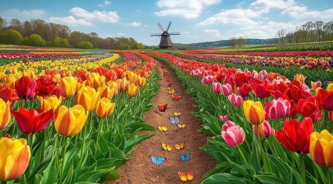 Vibrant spring tulip fields with colorful butterflies on a winding dirt path leading to a traditional windmill under a cheerful blue sky