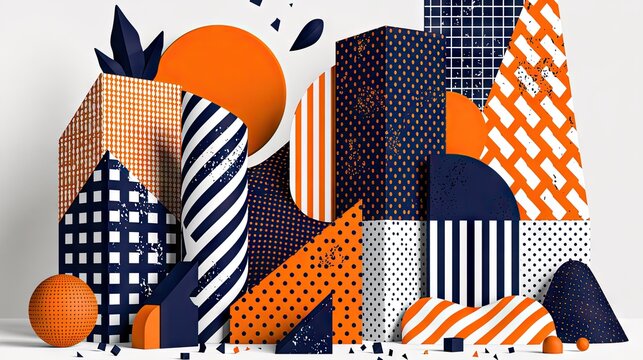 Abstract geometric 3D pattern in orange and navy.