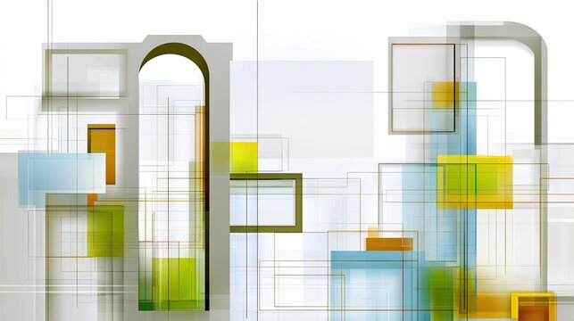 Abstract geometric architecture with glass panels and green accents.