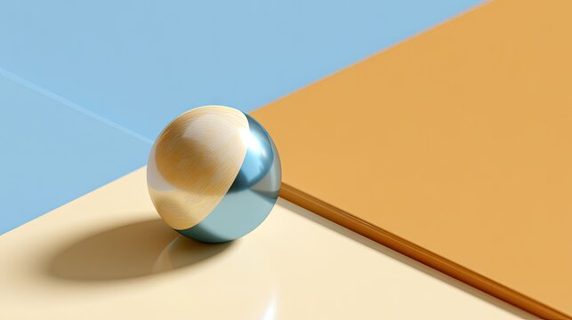 Abstract geometric composition with metallic sphere on pastel planes.