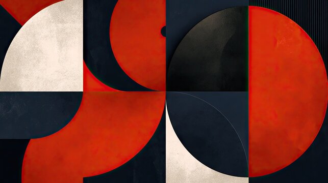 Abstract geometric composition with red and black circles.