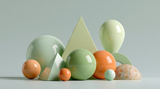 Abstract green and orange 3D geometric shapes.