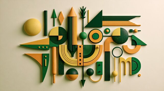 Abstract green and yellow geometric icons on cream wall.