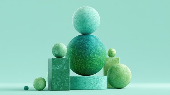Abstract green geometric spheres and cubes on mint background.