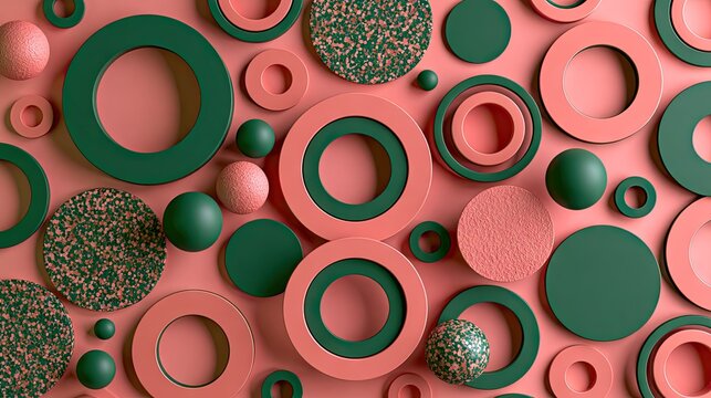 Abstract pattern of green and pink 3D rings.