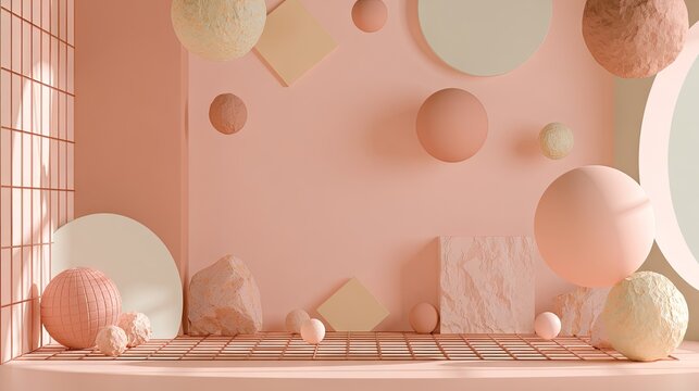 Abstract peach colored spheres and textures in complex composition.