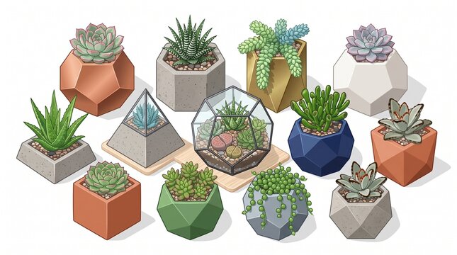 Illustration of assorted geometric succulent planters including echeveria, aloe, string of pearls, and lithops in concrete, copper, and glass pots, white background.
