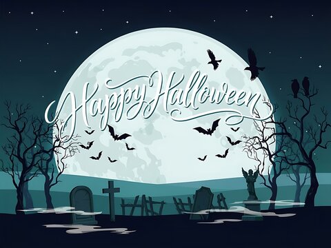 Happy halloween night with full moon bats flying graveyard trees and stars in the sky