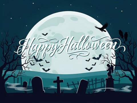 Happy halloween night with full moon and bats flying over graveyard with tombstones trees and fence under starry sky
