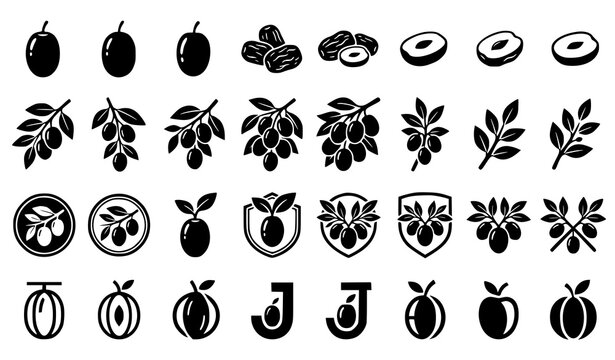 Modern jujube logo and silhouette vector collection with botanical red date fruit icons