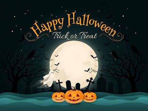 Halloween celebration with ghost bats pumpkins and moonlight in a spooky graveyard at night  festive scene with jackolanterns flying creatures and tombstones