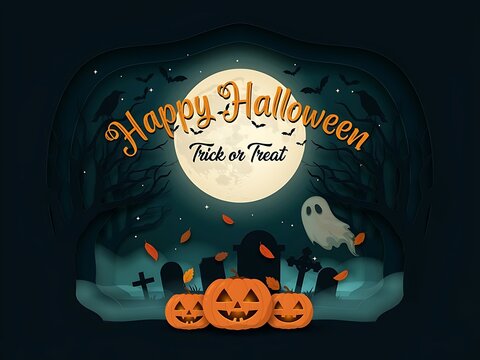 Halloween celebration with pumpkins ghost moon bats and tombstones  spooky night scene with Happy Halloween text