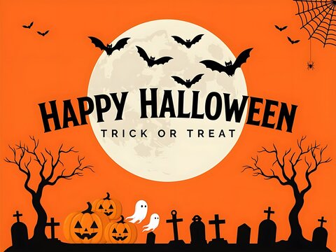 Halloween celebration with full moon bats pumpkins ghost and graveyard  spooky night with orange background and black silhouettes