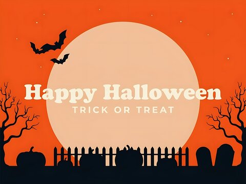 Halloween night scene with full moon bats trees pumpkins fence and tombstones on orange background  spooky holiday illustration