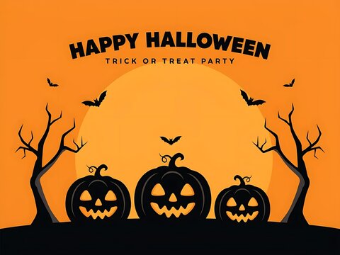 Halloween party decoration with jackolanterns and bats flying around trees under orange moonlight