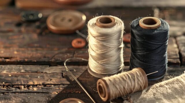 Sewing Supplies: A close-up shot features spools of thread in cream and black, alongside buttons and a sewing needle, resting on a rustic wooden surface.