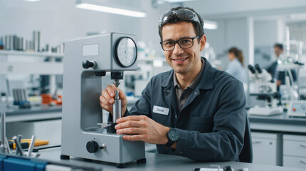 Fototapeta premium Smiling male technician operating Rockwell steel hardness testing machine in an industrial laboratory. Professional man analyzing metal cylinder quality