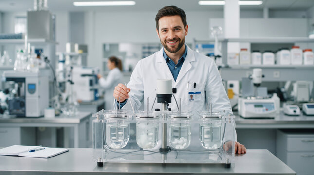 Smiling male scientist standing behind tablet dissolution testing apparatus in a laboratory. Professional man in lab coat analyzing pharmaceutical quality