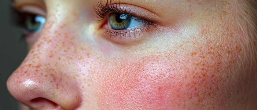 Close-up of a freckled face showing a green eye, long eyelashes, flushed rosy cheek and textured skin with a calm, contemplative gaze