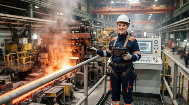 Smiling female worker with tablet monitoring steel bloom continuous casting in a factory. Professional woman in safety harness at heavy industry manufacturing plant