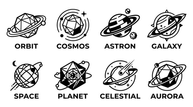 Black and white astronomy icons set.