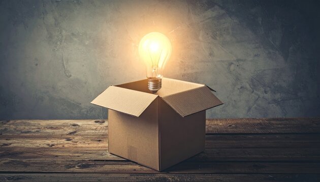 Bright Idea - Light Bulb Shining Above an Open Cardboard Box.