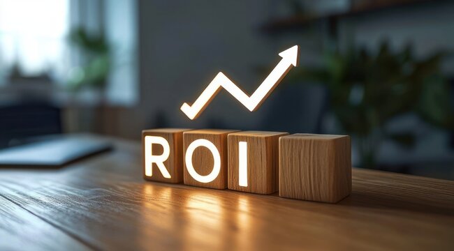 wooden blocks spelling roi on a desk with a glowing upward arrow graph and warm office bokeh conveying business growth and optimism