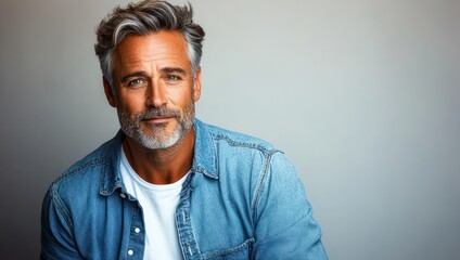 Fototapeta premium middle-aged man with blurred face, salt-and-pepper hair, wearing denim jacket and white t-shirt, calm and contemplative pose against neutral gray background