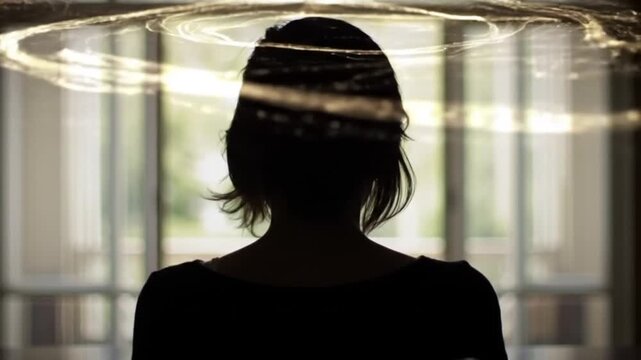 Silhouette of a woman with a golden glowing halo effect, representing spirituality or enlightenment