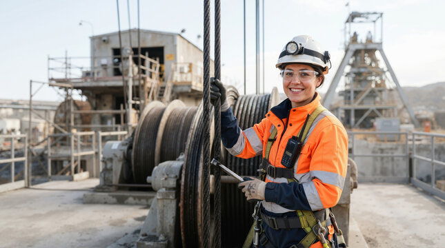 Female miner holding onto steel elevator cables at an outdoor mine site. Smiling woman worker in high-visibility jacket and hard hat
