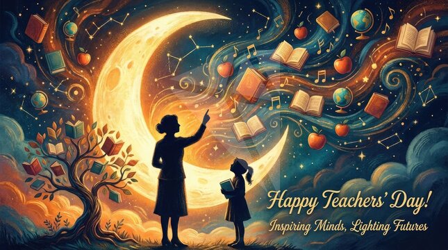 Teacher inspiring student under moon and stars