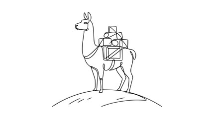 Minimalist single line drawing of a llama carrying stacked cargo on its back, standing on a hill. © Iwak